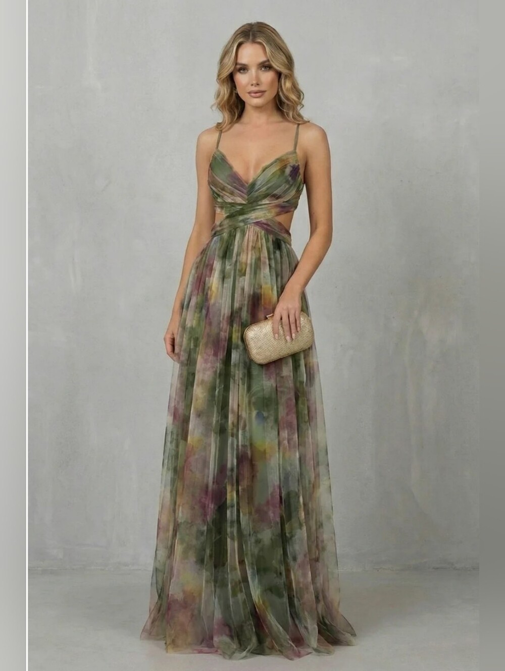 Watercolor Floral Tulle Maxi Dress M Green Pink Cutout Wedding Guest Fairycore